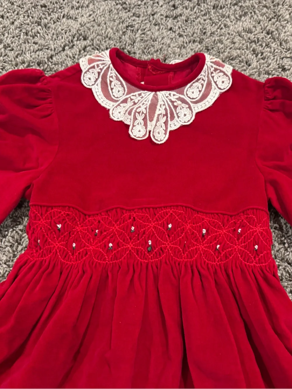 Vintage Polly Flinders Girls Red Velvet Dress with Lace Collar and embroidey